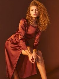 Reformation Cassis Silk Dress in Oxide ~ silky wrap style midi length occasion dresses ~ boatneck neckline