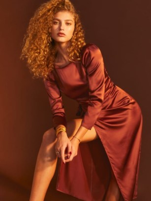 Reformation Cassis Silk Dress in Oxide ~ silky wrap style midi length occasion dresses ~ boatneck neckline - flipped