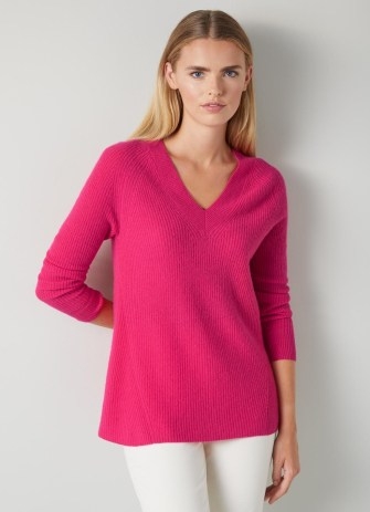 L.K. BENNETT Celest Pink Cashmere V-Neck Jumper ~ vibrant luxe jumpers - flipped