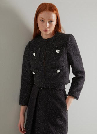 L.K. BENNETT Chelsea Black Sparkle Tweed Jacket ~ women’s classic textured jacket with metallic fibres ~ crystal buttons ~ frayed edge ~ womens chic 60s vintage inspired clothes - flipped