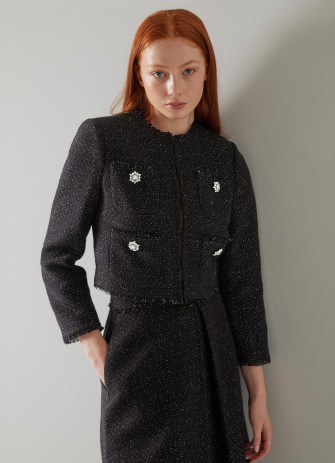 L.K. BENNETT Chelsea Black Sparkle Tweed Jacket ~ women’s classic textured jacket with metallic fibres ~ crystal buttons ~ frayed edge ~ womens chic 60s vintage inspired clothes
