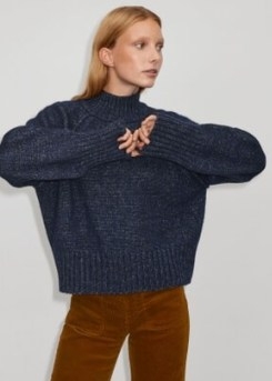 ME and EM Cloud-Soft Merino Cotton Boyfriend Jumper in Navy Melange | dark blue relaxed fit turtleneck jumpers | women’s high neck volume sleeve sweaters | lightweight slouchy knits - flipped