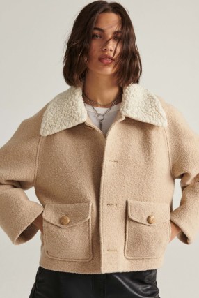 ba&sh anto coat in brown ~ women’s boxy faux shearling short length coats ~ stylish casual outerwear ~ womens loose fit winter jackets ~ front pocket detail - flipped
