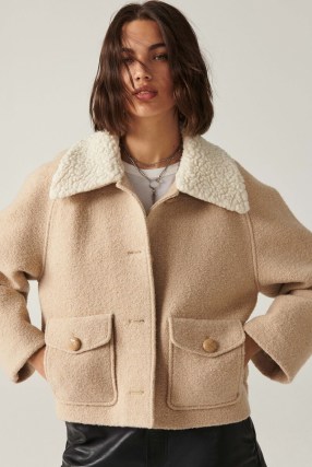 ba&sh anto coat in brown ~ women’s boxy faux shearling short length coats ~ stylish casual outerwear ~ womens loose fit winter jackets ~ front pocket detail