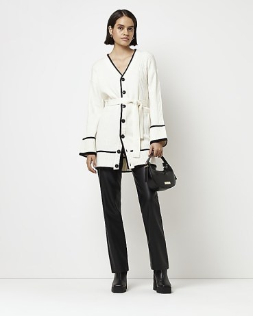 River Island CREAM BELTED LONGLINE CARDIGAN | button up rib knit tie waist cardigans | knitted fashion - flipped