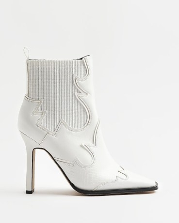 RIVER ISLAND CREAM LEATHER WESTERN HEELED ANKLE BOOTS ~ women’s on-trend footwear - flipped