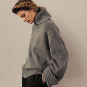 DeMellier The Sloane Turtleneck in grey | oversized balloon sleeve jumper | women’s chunky cashmere blend jumpers | high folded neck sweaters | womens sustainable knitwear - flipped