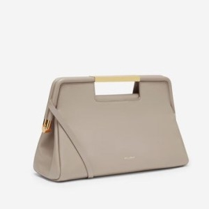 DeMellier The Seville Clutch in taupe smooth | chic top handle bags | contemporary soft leather crossbody