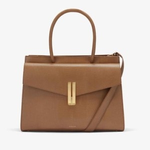 DeMellier The Maxi Montreal Long Handles camel lizard effect | chic light brown leather tote bags - flipped