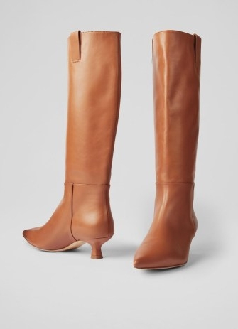 L.K. BENNETT Eden Tan Leather Western Style Knee-High Boots ~ luxe light brown kitten heel boots ~ women’s stylish winter footwear