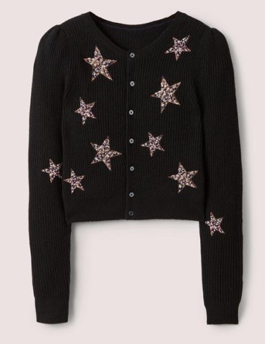 Boden Embellished Ribbed Cardigan Black, Embellished Stars | womens cut cropped cardi | women’s round neck celestial inspired cardigans | beaded knitwear - flipped