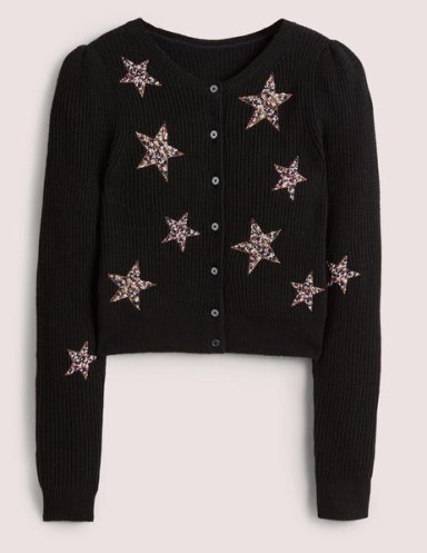 Boden Embellished Ribbed Cardigan Black, Embellished Stars | womens cut cropped cardi | women’s round neck celestial inspired cardigans | beaded knitwear