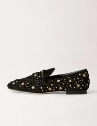 Boden Embroidered Suede Loafers Black Embellished – women’s star embellished loafer shoes – womens celestial inspired footwear with stars