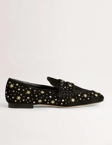 Boden Embroidered Suede Loafers Black Embellished – women’s star embellished loafer shoes – womens celestial inspired footwear with stars - flipped