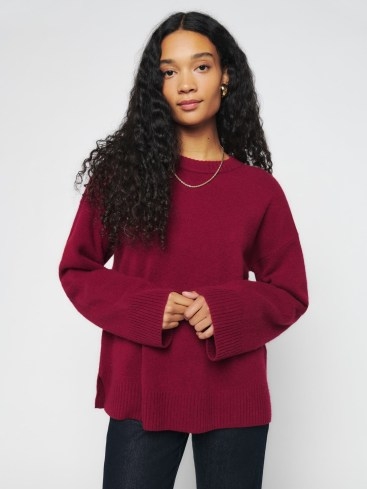 Reformation Enda Regenerative Wool Sweater Dark Cherry ~ relaxed fit crew neck sweaters ~ red drop shoulder jumpers - flipped
