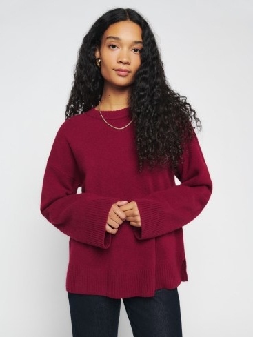 Reformation Enda Regenerative Wool Sweater Dark Cherry ~ relaxed fit crew neck sweaters ~ red drop shoulder jumpers