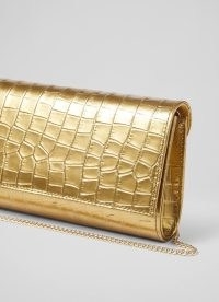 L.K. BENNETT Erin Gold Croc-Effect Leather Clutch Bag / metallic crocodile look evening bags / chain shoulder strap occasion handbags / glamorous animal print party accessories