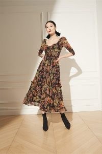 Cara Cara New York Estela Dress in Multi Jacobean Black – floral ruffle detail midi dresses – sweetheart neckline fashion