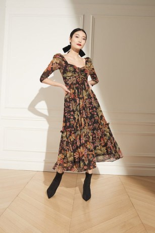 Cara Cara New York Estela Dress in Multi Jacobean Black – floral ruffle detail midi dresses – sweetheart neckline fashion - flipped