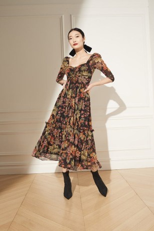 Cara Cara New York Estela Dress in Multi Jacobean Black – floral ruffle detail midi dresses – sweetheart neckline fashion