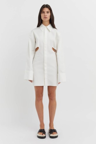 CAMILLA AND MARC Everett Mini Dress in White – curved hem cut out detail shirt dresses – contemporary clothes – minimalist fashion - flipped