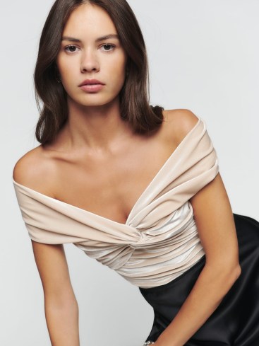 Reformation Ezlynn Knit Top in Champagne Velvet – luxe front twist bardot tops – ruched evening fashion – off the shoulder – vintage style party glamour – glamorous occasion clothes - flipped