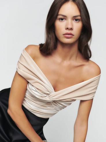 Reformation Ezlynn Knit Top in Champagne Velvet – luxe front twist bardot tops – ruched evening fashion – off the shoulder – vintage style party glamour – glamorous occasion clothes