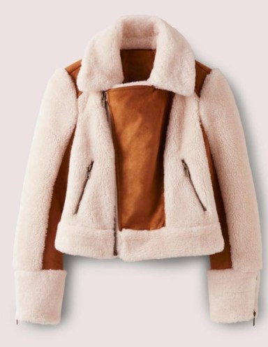 Boden Faux Shearling Biker Jacket in Hazel / women’s casual luxe style winter jackets - flipped