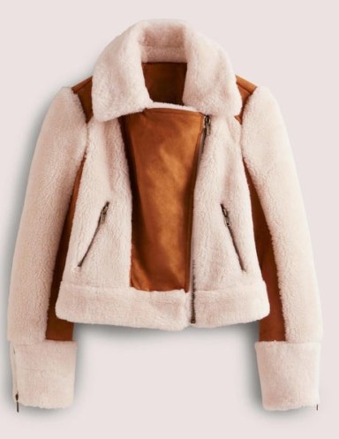 Boden Faux Shearling Biker Jacket in Hazel / women’s casual luxe style winter jackets