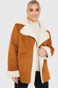 IN THE STYLE FAUX SHEARLING COAT IN TAN ~ womens brown winter coats ~ textured borg lined winter coats