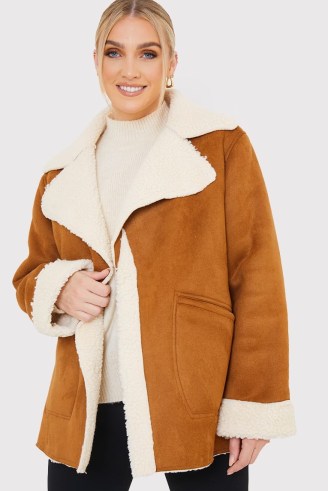 IN THE STYLE FAUX SHEARLING COAT IN TAN ~ womens brown winter coats ~ textured borg lined winter coats - flipped