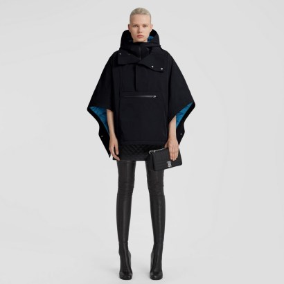 BURBERRY Down-filled Lightweight Hooded Cape Dark Charcoal Blue – chic winter coats – stylish high neck capes - flipped