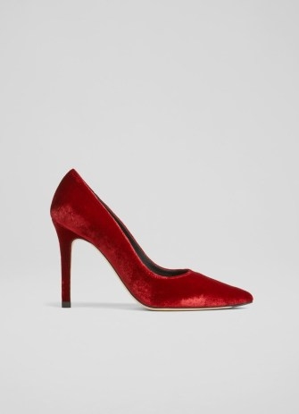 L.K. BENNETT Fern Red Velvet Pointed Toe Court Shoes ~ luxe occasion courts ~ plush high stiletto heels - flipped