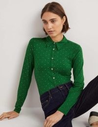 Boden Fitted Jersey Shirt in Hunter Green Foil Dot / women’s metallic dot shirts / women’s long sleeved collared tops