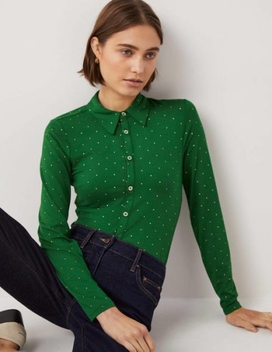 Boden Fitted Jersey Shirt in Hunter Green Foil Dot / women’s metallic dot shirts / women’s long sleeved collared tops - flipped