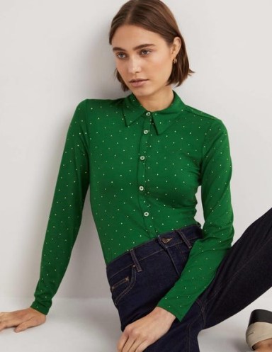 Boden Fitted Jersey Shirt in Hunter Green Foil Dot / women’s metallic dot shirts / women’s long sleeved collared tops