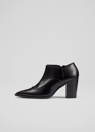 L.K. BENNETT Frances Black Polished Leather Western-Style Ankle Boots / chunky block heel pointed toe booties