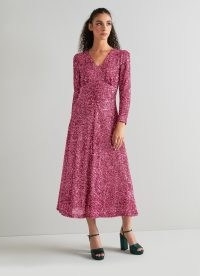 L.K. BENNETT Gabrielle Pink Sequin Midi Dress ~ sequinned long sleeved empire waist party dresses ~ women’s vintage style occasion fashion ~ sparkly retro inspired evening clothes