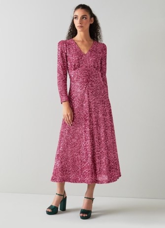 L.K. BENNETT Gabrielle Pink Sequin Midi Dress ~ sequinned long sleeved empire waist party dresses ~ women’s vintage style occasion fashion ~ sparkly retro inspired evening clothes - flipped