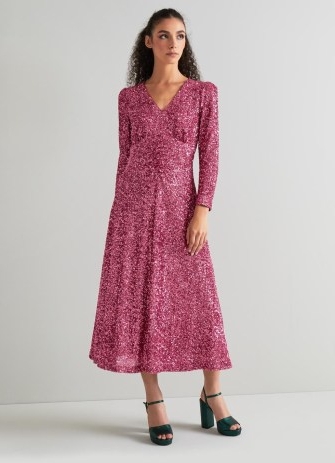 L.K. BENNETT Gabrielle Pink Sequin Midi Dress ~ sequinned long sleeved empire waist party dresses ~ women’s vintage style occasion fashion ~ sparkly retro inspired evening clothes