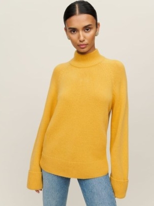Reformation Garrett Cashmere Oversized Turtleneck in Harvest ~ women’s yellow mock neck raglan sleeved jumpers