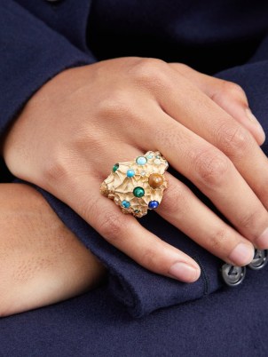 BOTTEGA VENETA Stone-embellished 18kt gold-vermeil ring ~ women’s luxe statement rings ~ textured cocktail jewellery - flipped