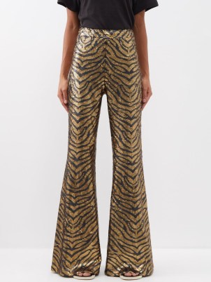RAEY Tiger sequin bootcut trousers in gold | glittering sequinned animal striped flares | women’s retro evening pants | flared hems | vintage style glamour