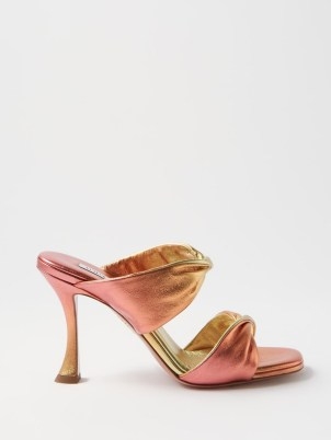 AQUAZZURA Twist 95 metallic-leather sandals in gold ~ pink ombre twisted strap mules - flipped