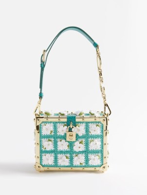 DOLCE & GABBANA Dolce Box flower-crochet shoulder bag in green | floral applique occasion bags | luxe accessories | romance inspired clutch - flipped