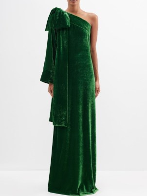 BERNADETTE Nel one-shoulder bow-appliqué velvet gown ~ luxe green gowns ~ occasionwear with statement bows ~ event clothes with asymmetric neckline ~ matchesfashion - flipped