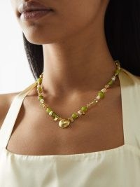 KATERINA MAKRIYIANNI Peridot, pearl & 24kt gold-vermeil necklace in green ~ beaded necklaces ~ white freshwater pearls ~ statement jewellery
