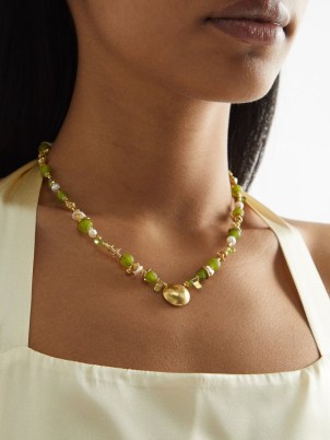 KATERINA MAKRIYIANNI Peridot, pearl & 24kt gold-vermeil necklace in green ~ beaded necklaces ~ white freshwater pearls ~ statement jewellery - flipped