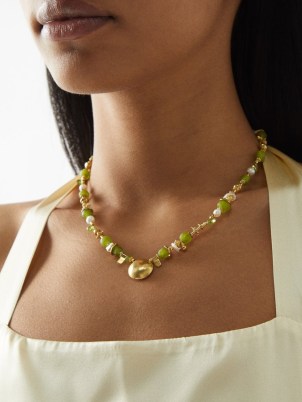KATERINA MAKRIYIANNI Peridot, pearl & 24kt gold-vermeil necklace in green ~ beaded necklaces ~ white freshwater pearls ~ statement jewellery