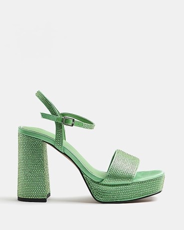 RIVER ISLAND GREEN SATIN PLATFORM HEELED SANDALS – luxe style chunky embellished platforms - flipped